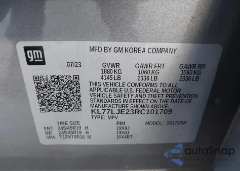 2024 Chevrolet Trax Fwd 2Rs z USA, uszkodzony, nr VIN KL77LJE23RC101709